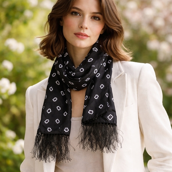 Ralph Lauren Accessories - Ralph Lauren Black Purple Silk Scarf with White Print Fringe